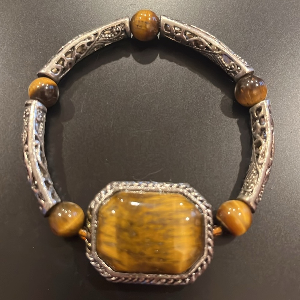 Big Tigers Eye Silver Statement Stretch Bracelet - image 5